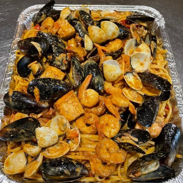 Sage Bistro's seafood pasta with mussels, clams, shrimp, and fish in a creamy sauce.