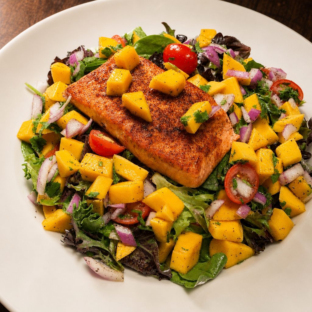 Seared Salmon with Mango Salsa Salad.